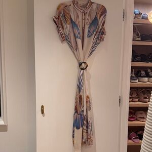 Cream Floral Maxi Dress with Blue Accents